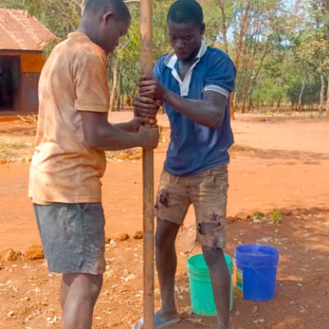 Two young men using a wooden tool to crush something, standing on a dirt ground with buckets nearby, surrounded by trees and a building.